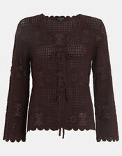 Crochet Tie Front Cardigan , Brown (BROWN), large