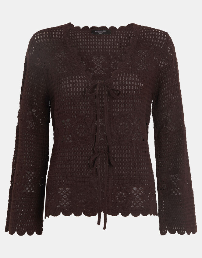 Crochet Tie Front Cardigan , Brown (BROWN), large