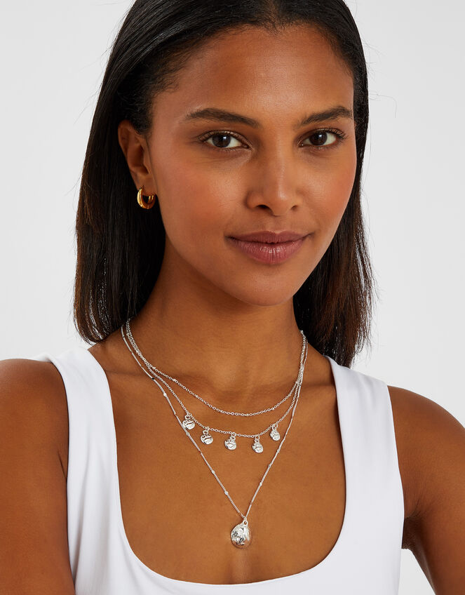 Textured Disc Charm Layered Necklace Silver, , large