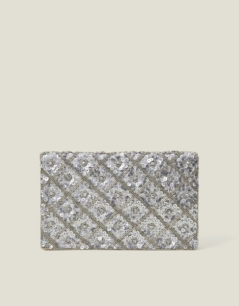Metallic Embellished Clutch Bag, Silver (SILVER), large
