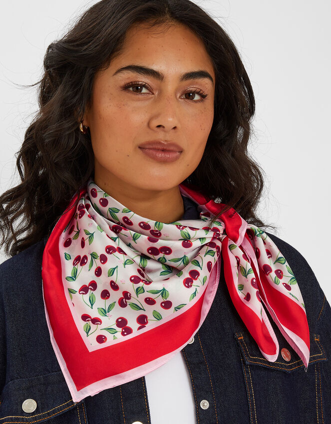 Square Cherry Print Satin Scarf, , large