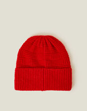 Knitted Rib Check Beanie Hat, Red (RED), large