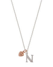 Sterling Silver Initial Necklace with Heart Charm - N, , large