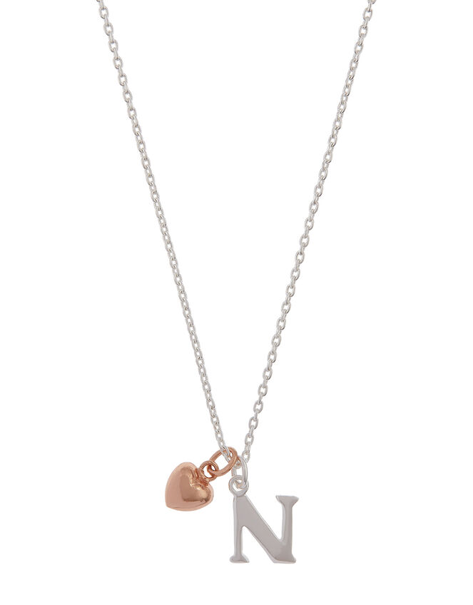 Sterling Silver Initial Necklace with Heart Charm - N, , large