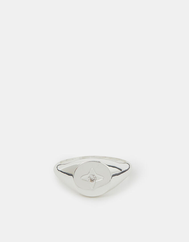 Sterling Silver-Plated Star Diamanté Signet Ring, Silver (ST SILVER), large