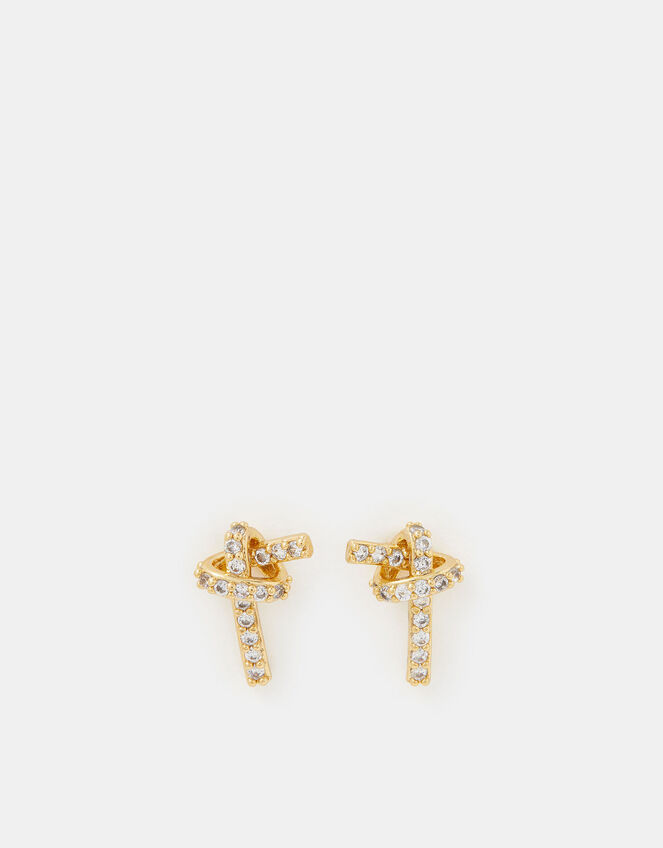 14ct Gold-Plated Diamanté Knot Stud Earrings, , large