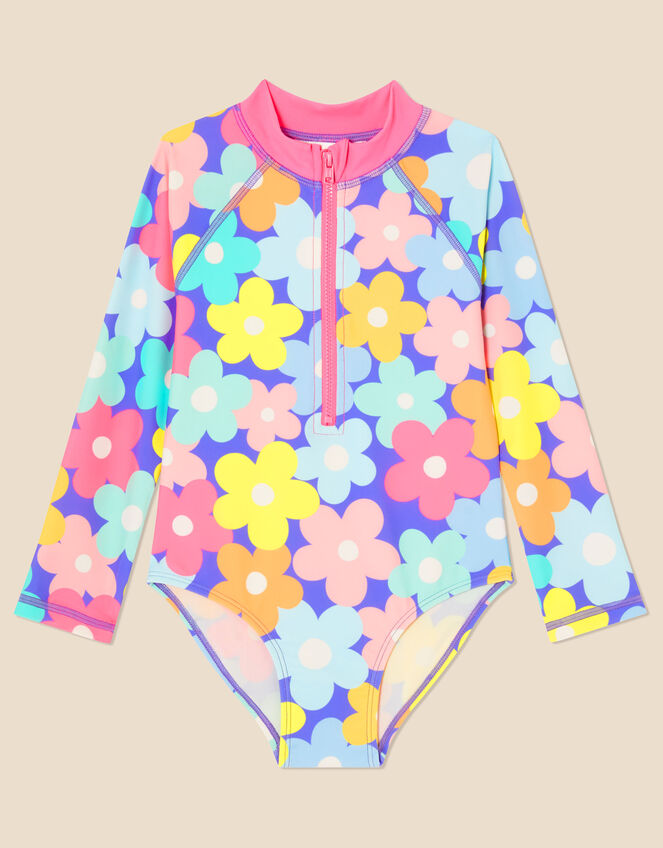 Kids Retro Floral Long Sleeve Swimsuit with Recycled Polyester, Multi (BRIGHTS-MULTI), large