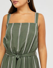 Striped Jumpsuit with Waist Belt, Green (KHAKI), large