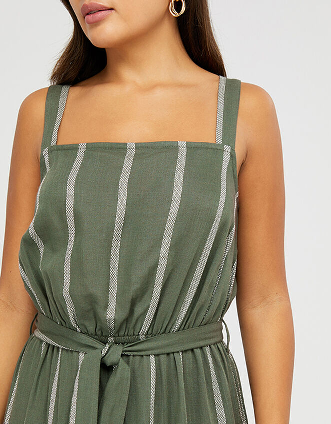 Striped Jumpsuit with Waist Belt, Green (KHAKI), large