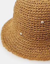 Beaded Flower Straw Bucket Hat, , large