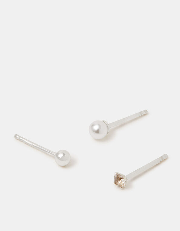 3-Pack Sterling Silver-Plated Pearl Mix Stud Earrings, , large