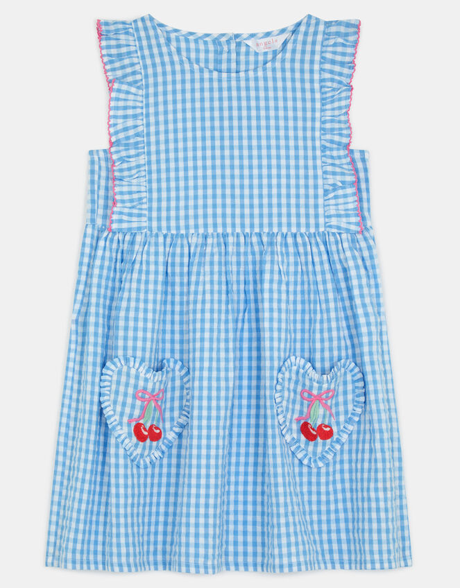 Girls Cherry Gingham Dress, Blue (BLUE), large