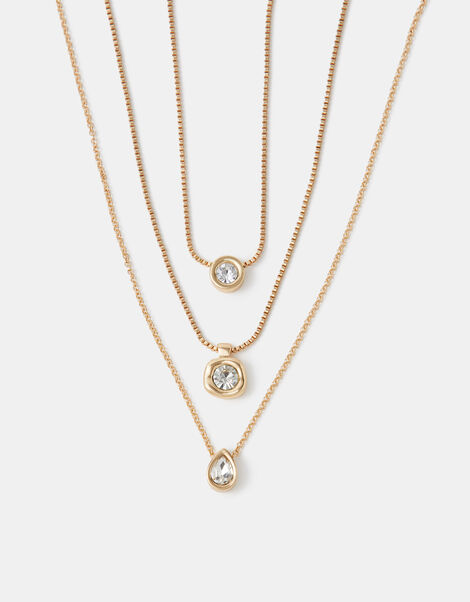 3-Pack Bezel Crystal Pendant Necklaces, Gold (GOLD), large