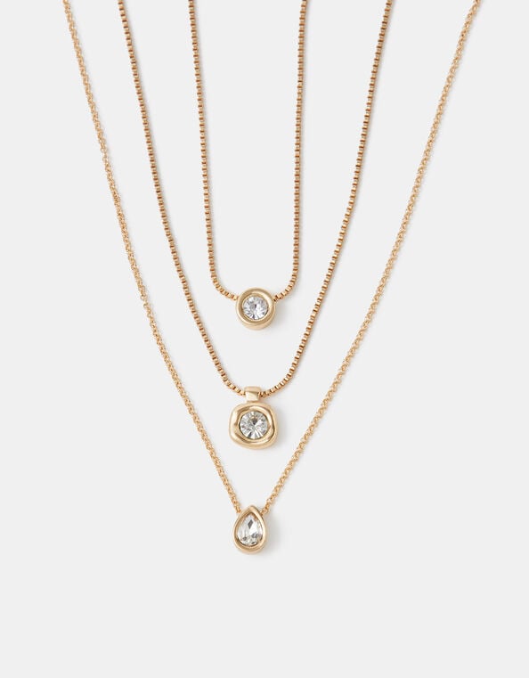 3-Pack Bezel Crystal Pendant Necklaces, Gold (GOLD), large