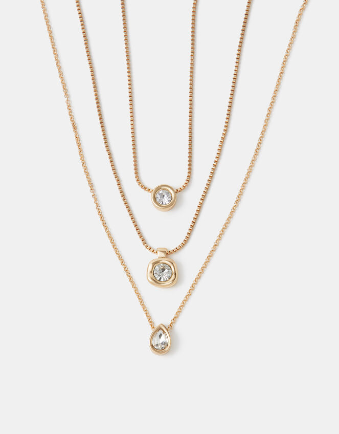 3-Pack Bezel Crystal Pendant Necklaces, Gold (GOLD), large