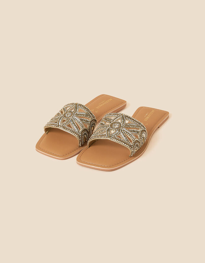 Flower Embellished Diamante Sliders, Gold (GOLD), large