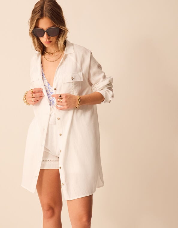 Lace Trim Beach Cover Up Shirt, White (WHITE), large