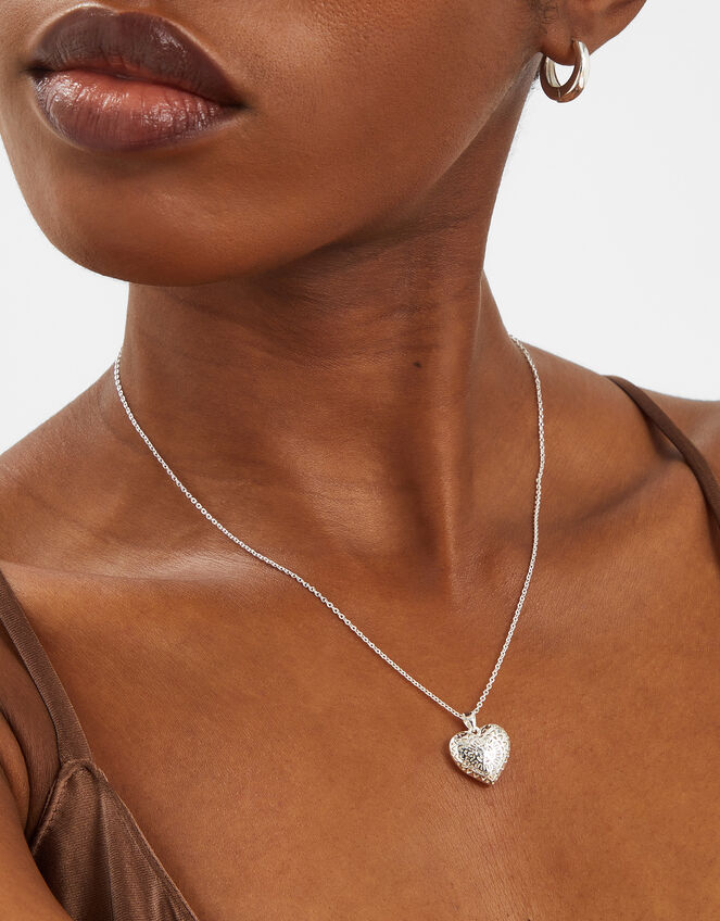 Sterling Silver-Plated Filigree Heart Pendant Necklace, , large