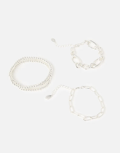 Chain and Stretch Beaded Bracelets 5 Pack, Silver (SILVER), large