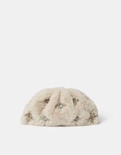 Brooch Embellished Faux Fur Clutch Bag, , large