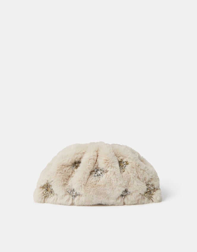 Brooch Embellished Faux Fur Clutch Bag, , large