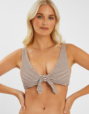 Textured Stripe Tie Front Bikini Top, Camel (BEIGE), large