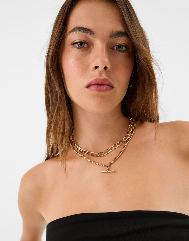 Layered T-Bar Chain Necklace, , large