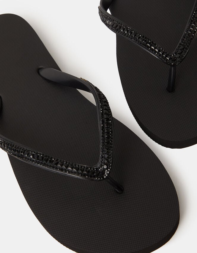 Crystal Embellished Flip Flops, Black (BLACK), large