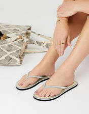 Crystal Embellished Seagrass Flip Flops, Silver (SILVER), large