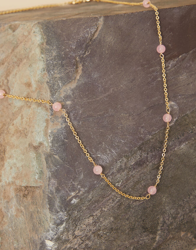 Gold-Plated Healing Stone Station Rose Quartz Bead Necklace, , large