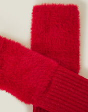 Fluffy Knit Cut Off Gloves, Red (RED), large