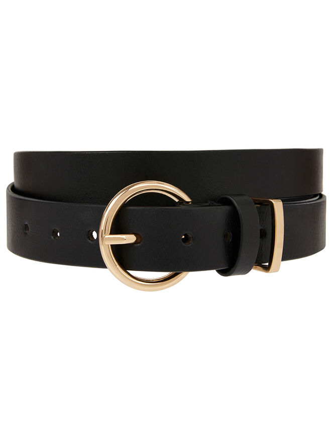 Round Buckle Leather Belt, Black (BLACK), large