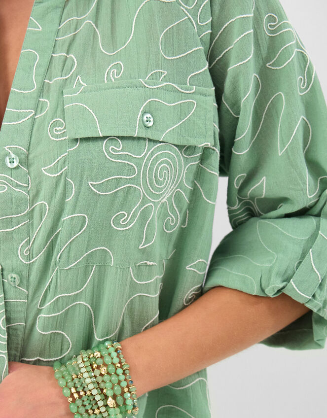 Sun Embroidered Beach Cover Up Shirt, Green (GREEN), large