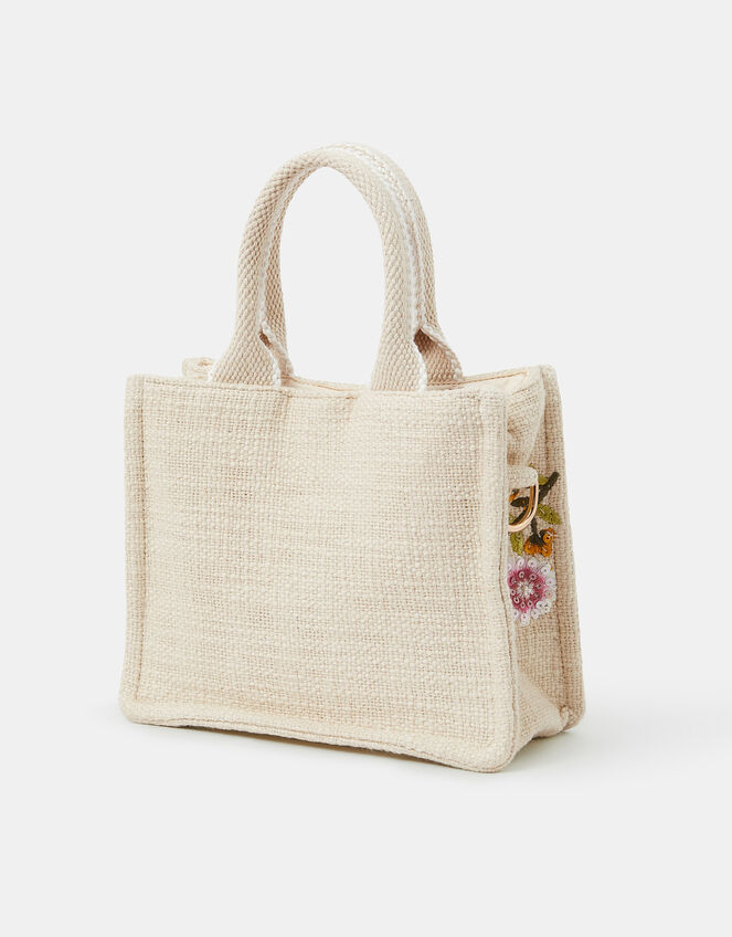 Mini Floral Embroidered Woven Handbag Cream, , large
