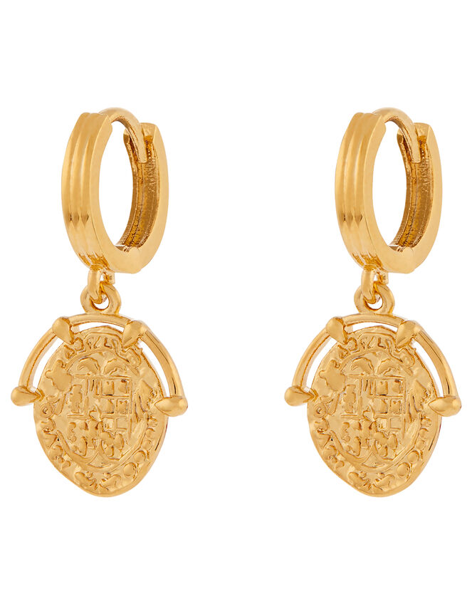 Gold-Plated Amulet Coin Earrings, , large