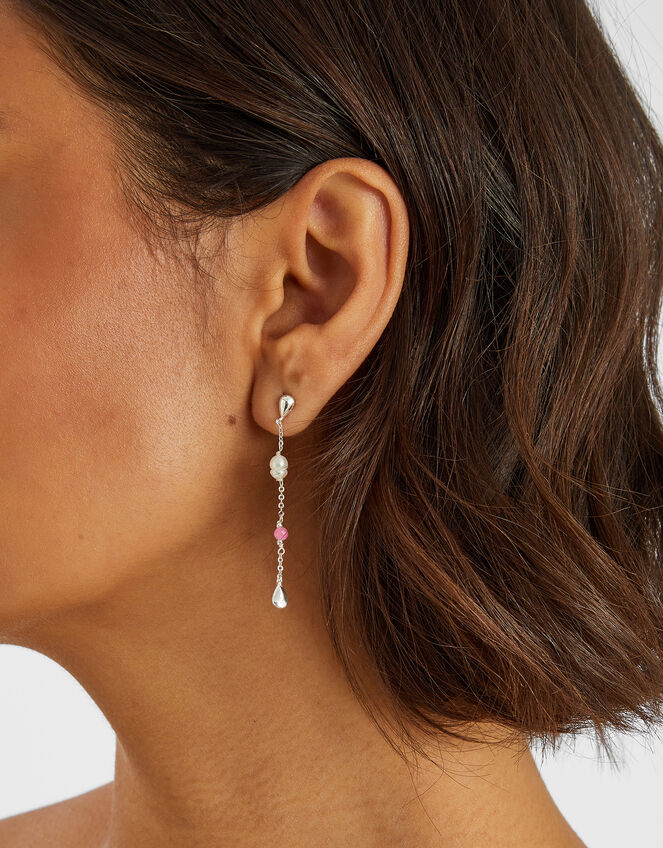 Sterling Silver-Plated Pearl & Tourmaline Drop Earrings, , large
