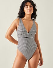 Stripe Seersucker Plunge Swimsuit, Black (BLACK WHITE), large