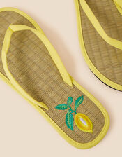 Lemon Embroidered Seagrass Flip Flops, Yellow (YELLOW), large