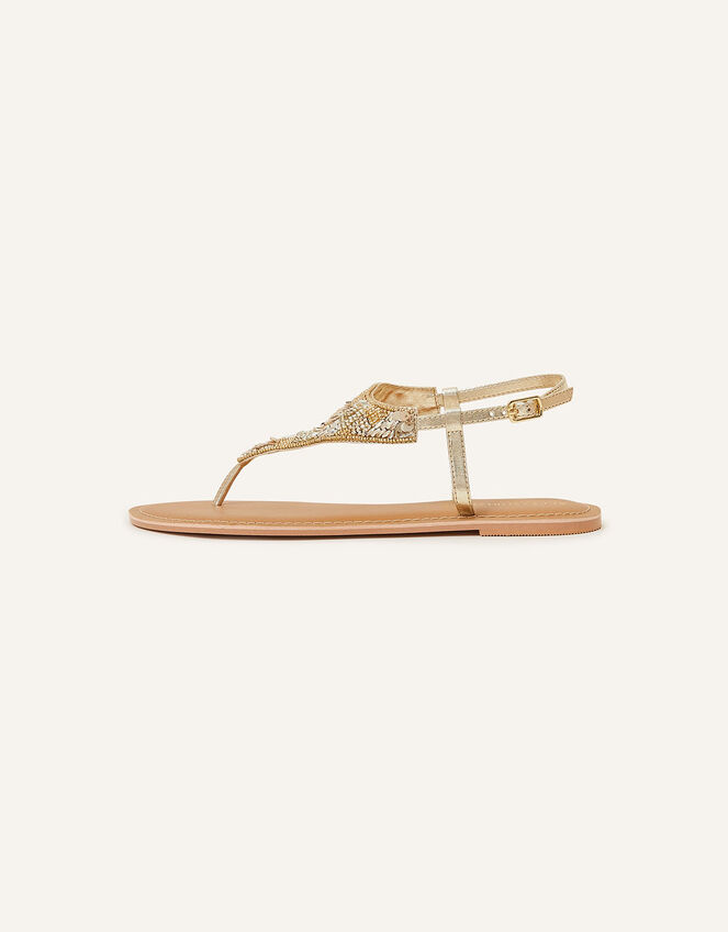 Bead and Sequin Embellished Toe Post Sandals, Gold (GOLD), large