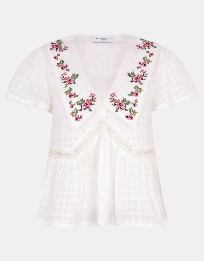 Floral Embroidered Collar Blouse, Ivory (IVORY), large