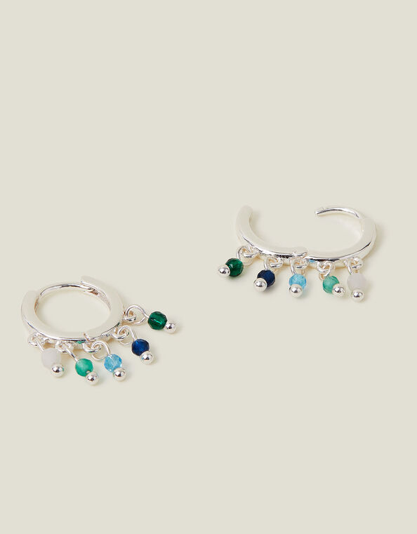 Sterling Silver-Plated Beaded Charm Hoops, , large