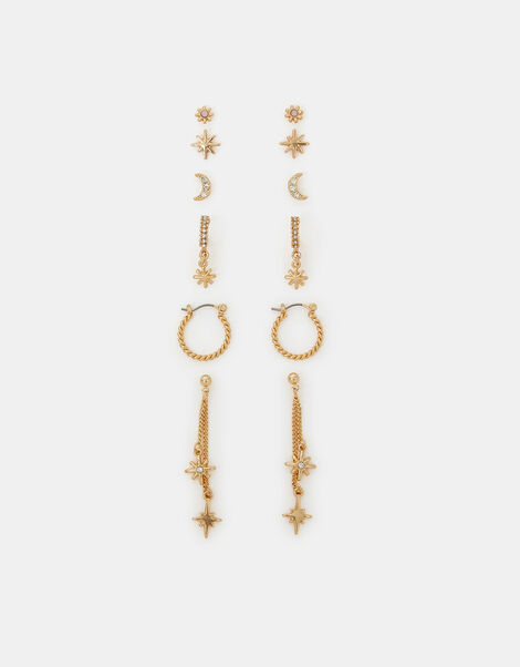 6-Pack Celestial Chain Stud and Hoop Earrings Gold, , large