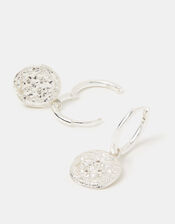 Sterling Silver-Plated Celestial Coin Charm Hoop Earrings, , large