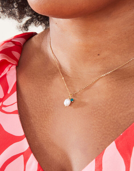 14ct Gold-Plated Pearl Green Onyx Pendant Necklace, , large