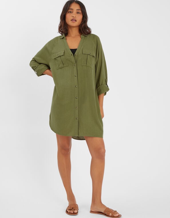 Long Sleeve Beach Cover Up Shirt, Green (KHAKI), large