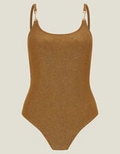 Metal Strap Shimmer Swimsuit, Gold (GOLD), large