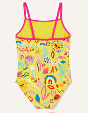Girls Sunshine Print Swimsuit with Recycled Polyester, Yellow (YELLOW), large