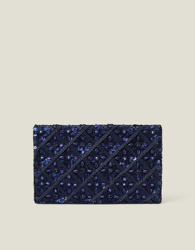 Metallic Embellished Clutch Bag, Blue (NAVY), large