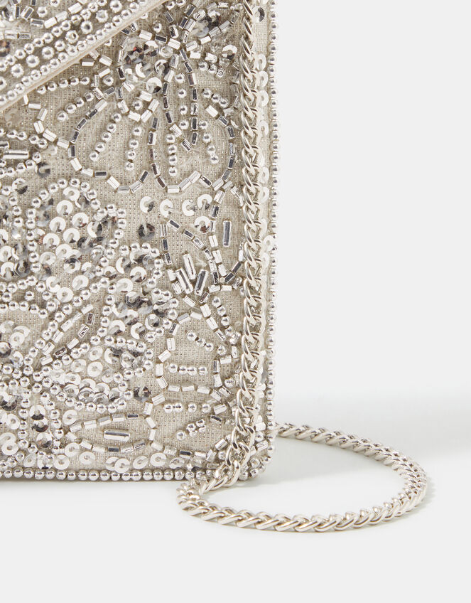 Floral Embellished Envelope Clutch Bag, Silver (SILVER), large