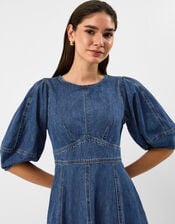 Puff Sleeve Denim Midi Dress, Blue (BLUE), large